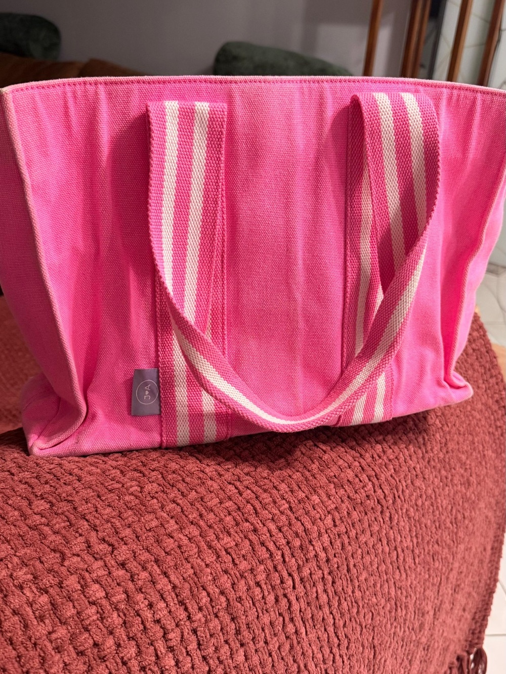 Pink Canvas Tote Bag with Striped Handles